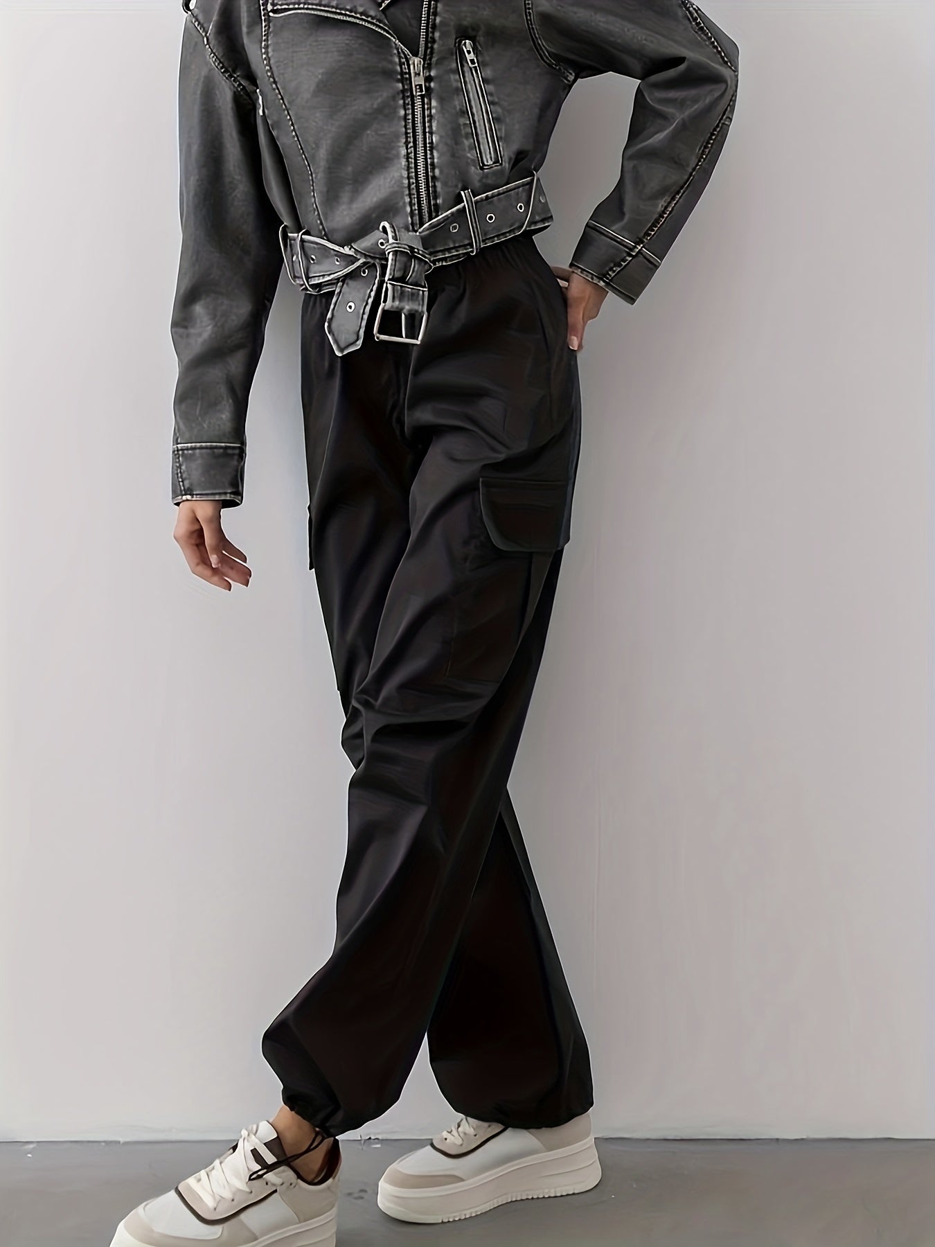 Women's Gray PU Leather Motorcycle Jacket with Adjustable Waist Belt for Spring and Fall