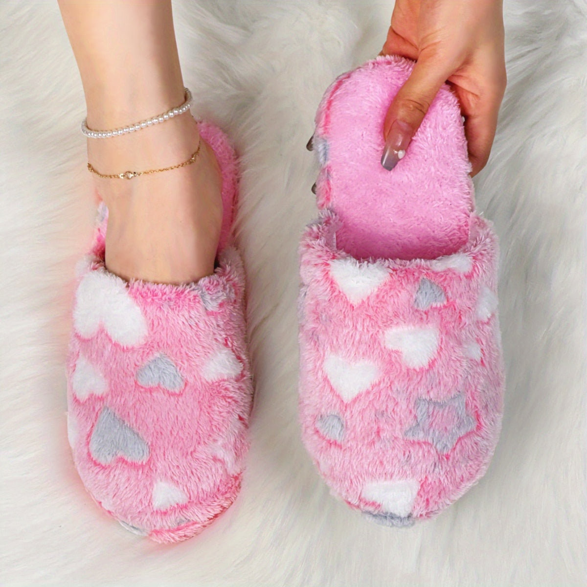 Women's Plush Slip-On Slippers Non-Slip Indoor House Shoes Pink Grey Heart