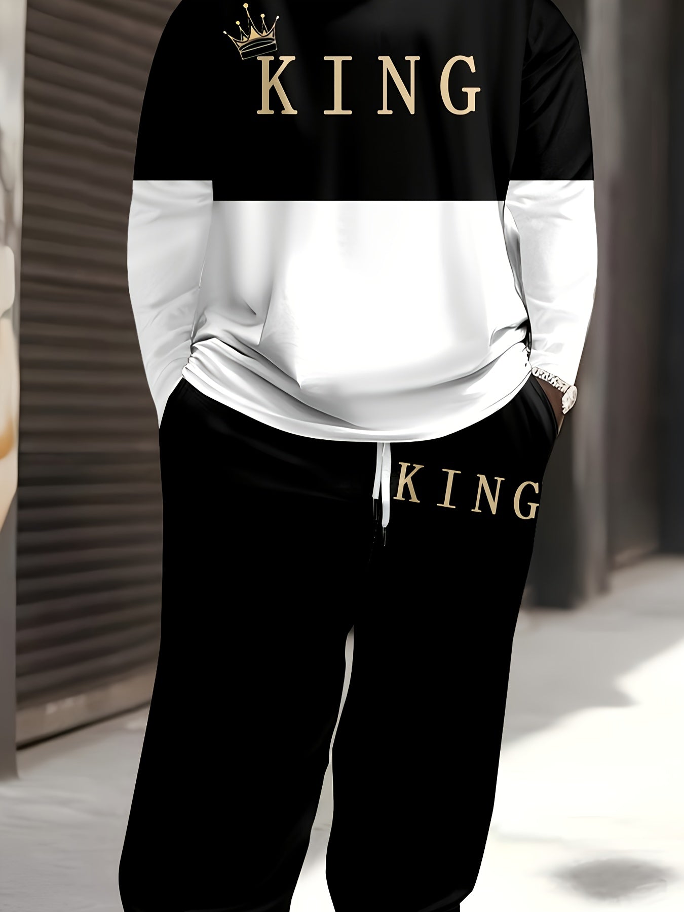 Men's Plus Size Cartoon King Print Sports Casual Sweatsuit Set Polyester Knit with Pockets