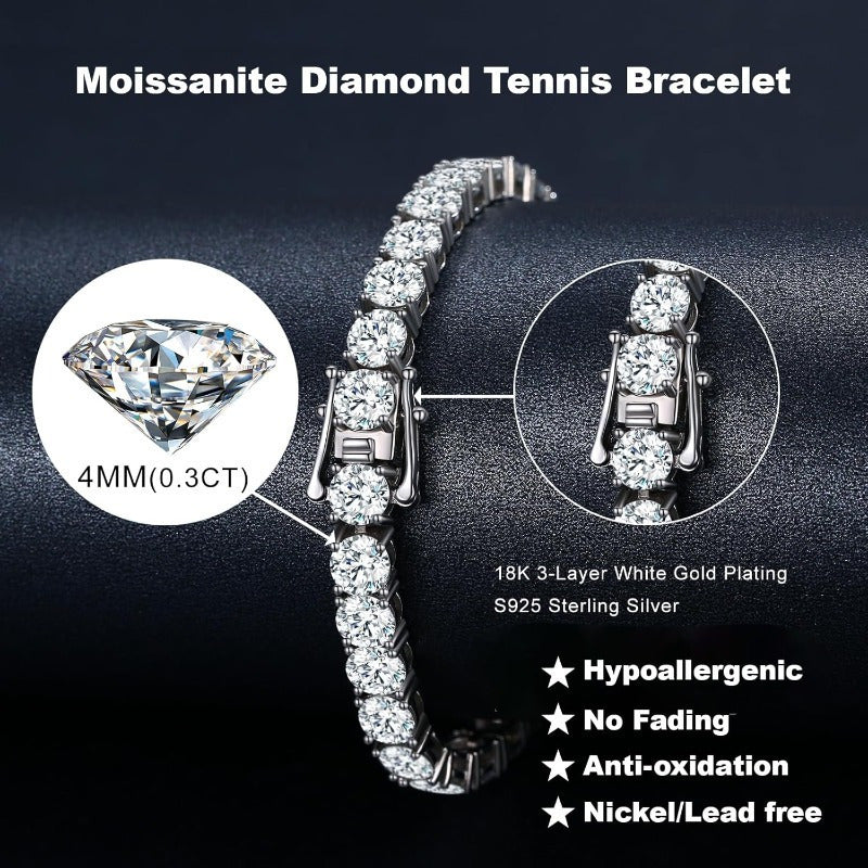 Zarif Moissanite olmos tennis bilaguzuk - Laboratoriyada yaratilgan, 925 kumush platin bilan qoplangan, gippoallergen, rang o'zgarmas, nikel va qo'rg'oshin yo'q, uniseks, har kuni yoki rasmiy kiyim uchun ideal, ajoyib sovg'a