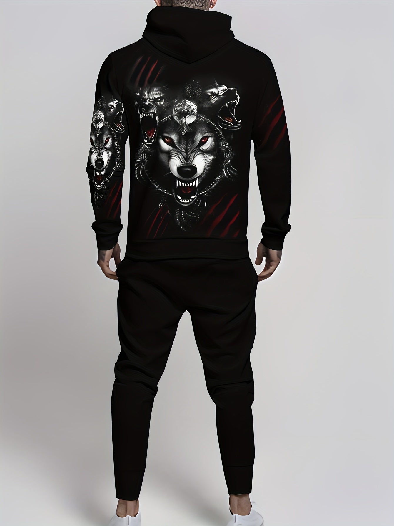 Men's Plus Size Wolf Print Hoodie and Pants Set Athletic Casual Spring Autumn