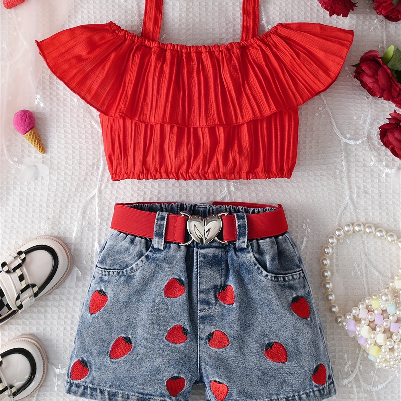 Girls Summer Outfit Set Off-Shoulder Top with Strawberry Embroidery and Heart Belted Shorts Breathable Polyester Casual