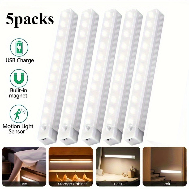 Pack de 5 luces LED con sensor de movimiento y baterías recargables USB para iluminación inalámbrica debajo de los armarios, pasillos, cocinas, escaleras y armarios