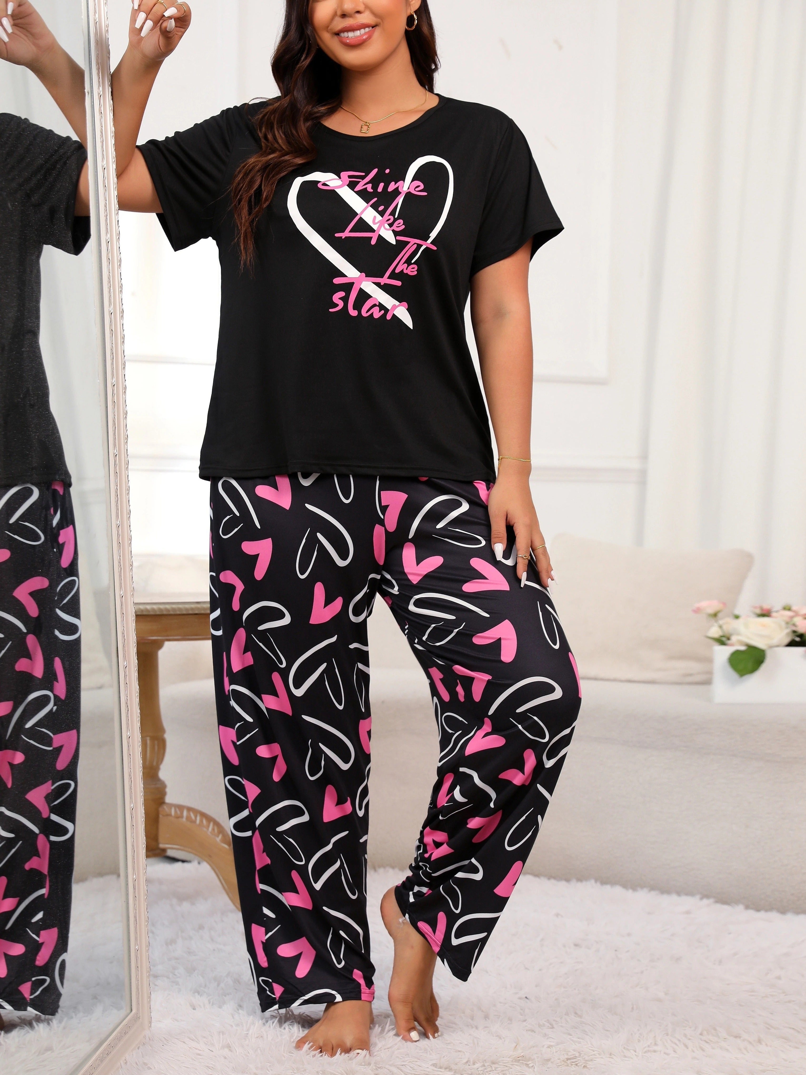 Plus Size Women's Pajama Set Soft Polyester Heart Letter Print Black Pink Loungewear