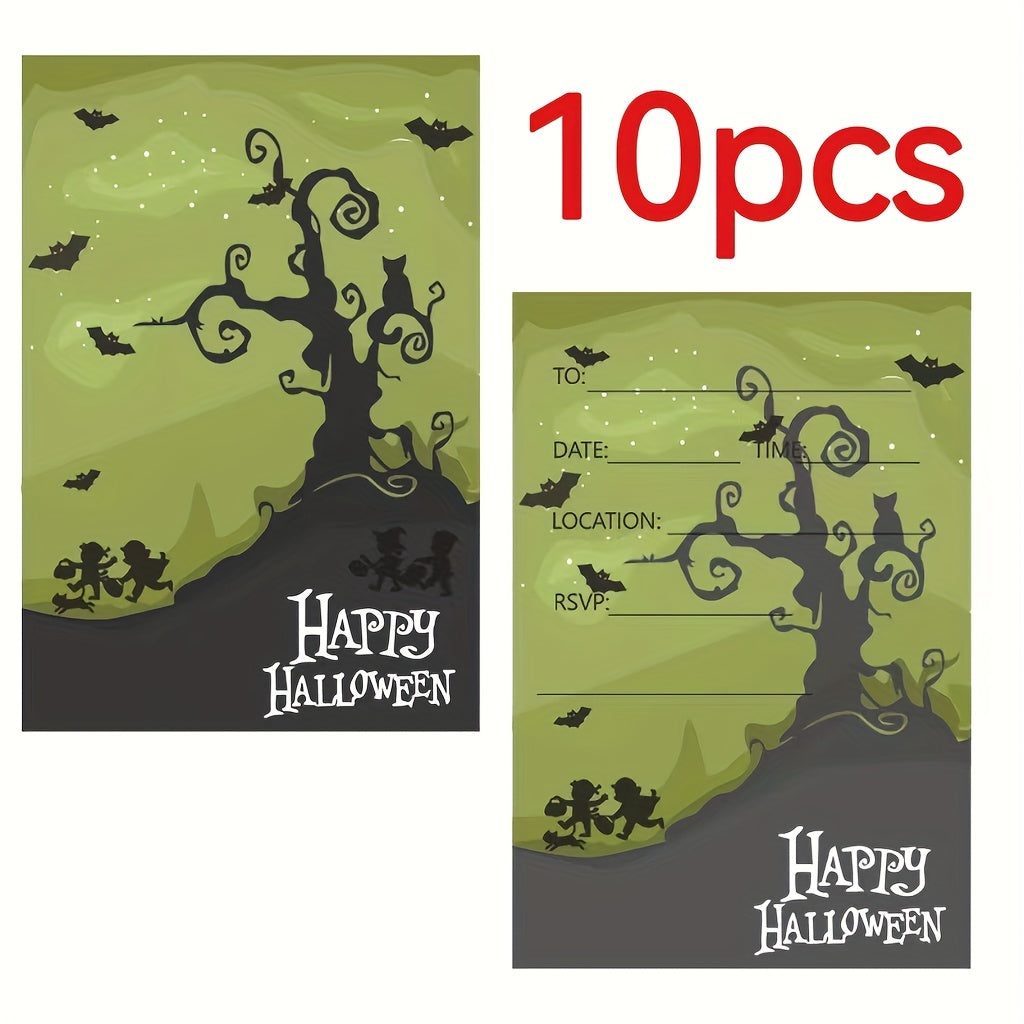 Halloween Party Invitations for Kids with Haunted House and Bat Designs