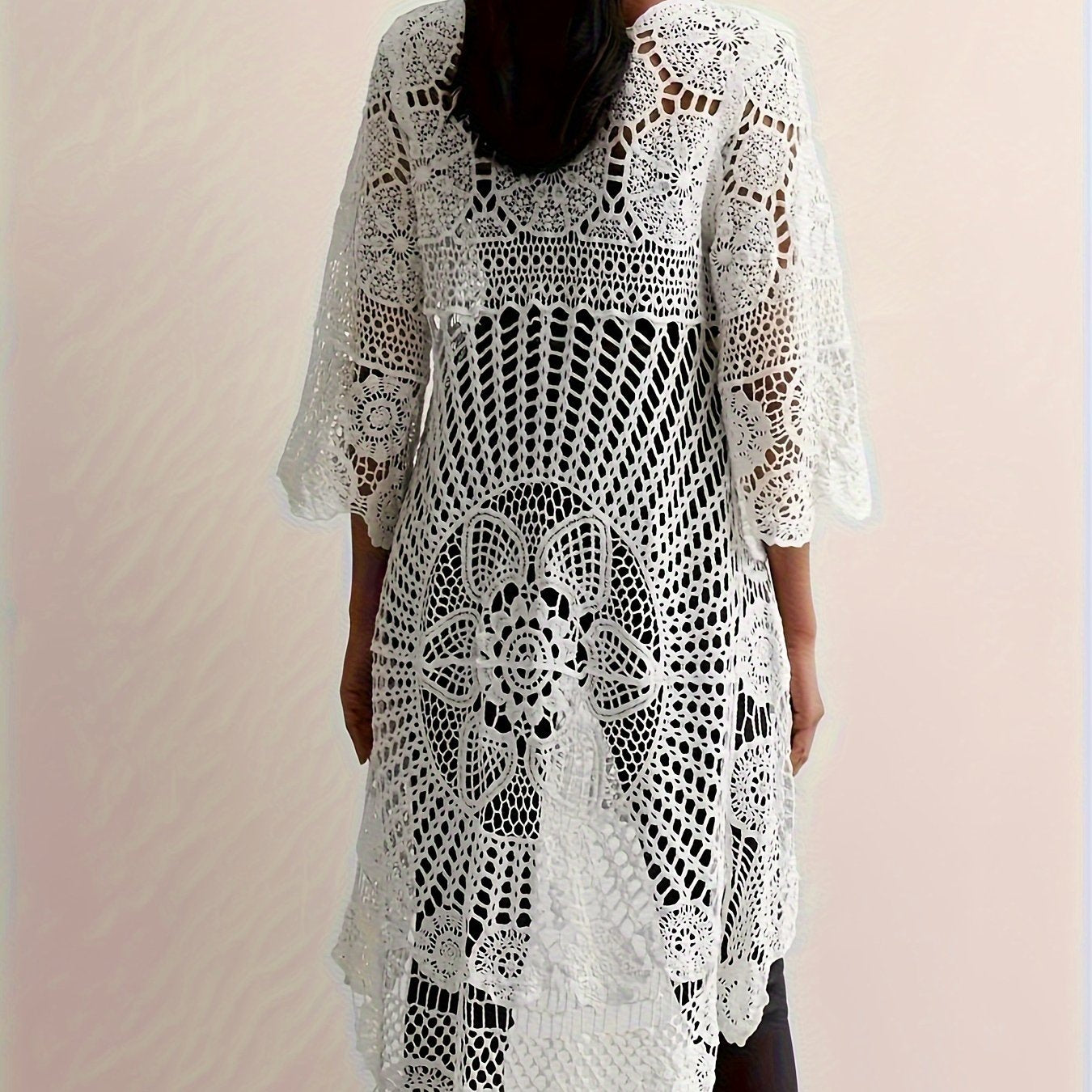 Ayollar uchun zamonaviy to'qilgan gullar bilan bezatilgan bohemian uslubidagi, uzun yengli, dumaloq bo'yinli, yuqori-past qirralik plyaj tunikasi, suzish kiyimlari va kurort kiyimlari uchun.