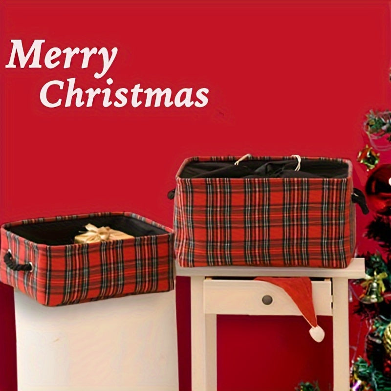 Большая рождественская корзина с клетчатым узором, пустая и складная для удобного хранения; идеально подходит для праздничного декора и рождественского оформления.