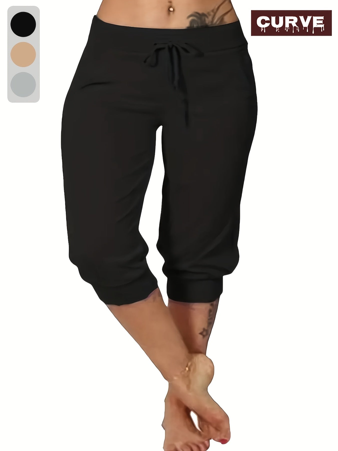 Women's Stretchy Capri Pants with Drawstring Waist Black Cropped Trousers