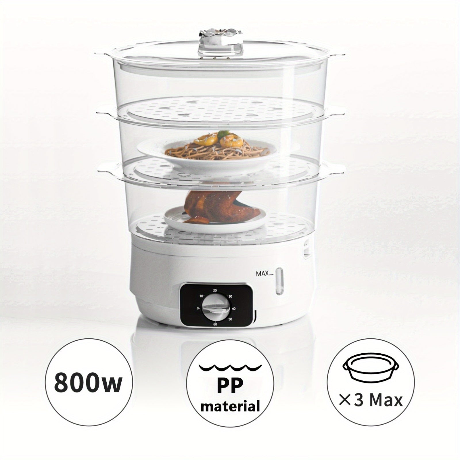 Vaporera eléctrica de 3 niveles 800W libre de BPA, apta para lavavajillas, temporizador de 60 minutos