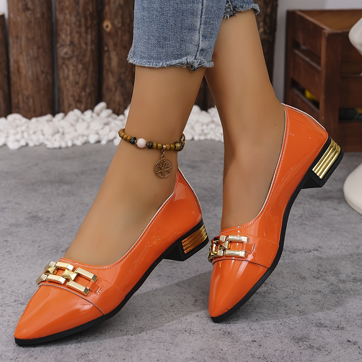 Women's White Pointed Toe Slip-On Loafers with Buckle Embroidery