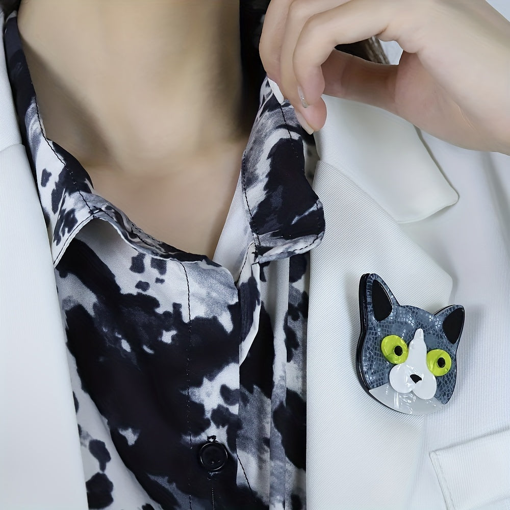 Acrylic Cat Brooch White Gray Blue Floral Design Handmade Jewelry for Women