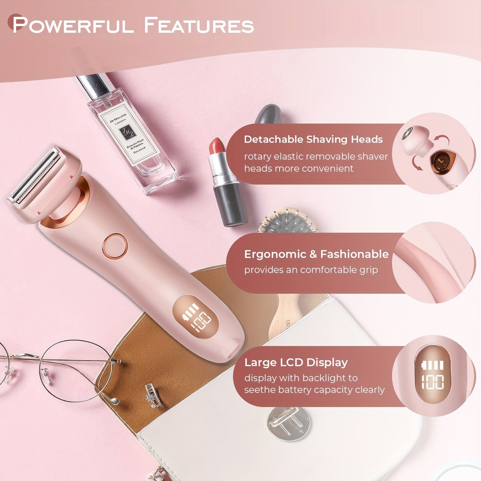 Electric shaver for women IPX7 portable bikini hair removal device for body parts sleek stainless steel blade