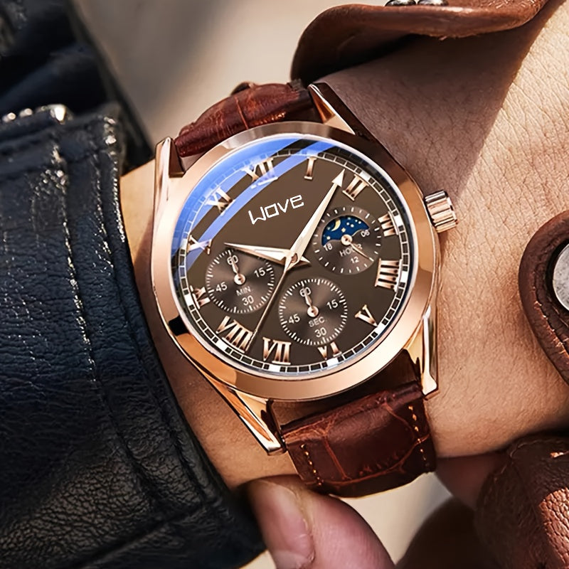 Men's Quartz Watch Business Style Round Alloy Case PU Leather Strap Non-Rechargeable Battery