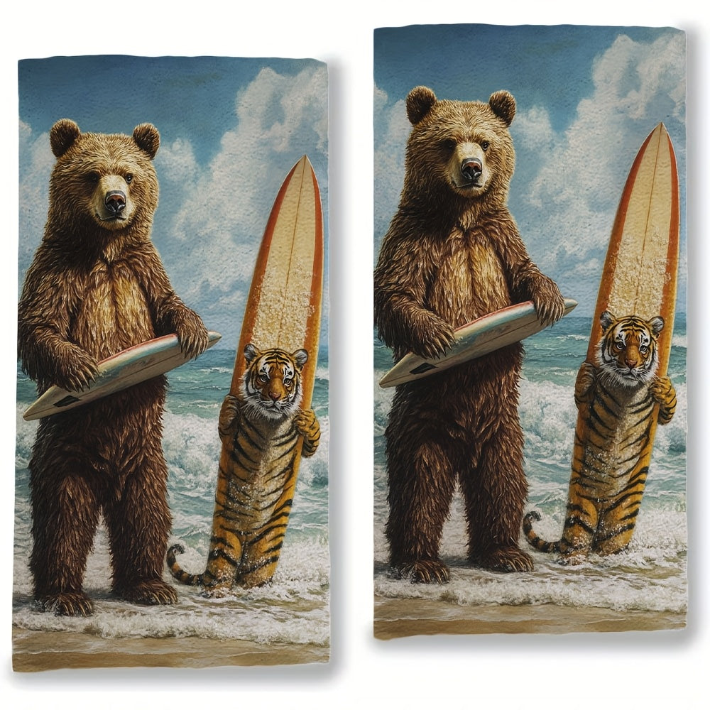 2 Ultra Soft Kitchen Towels Surfer Bear Tiger Designs 16x24 Inches Absorbent