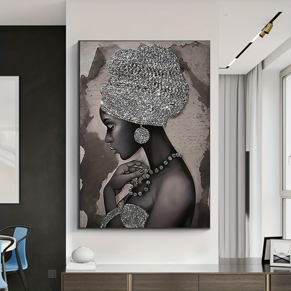 Abstract Canvas Wall Art Featuring Silvery Glitter Embroidered African Woman 40x60cm or 50x75cm