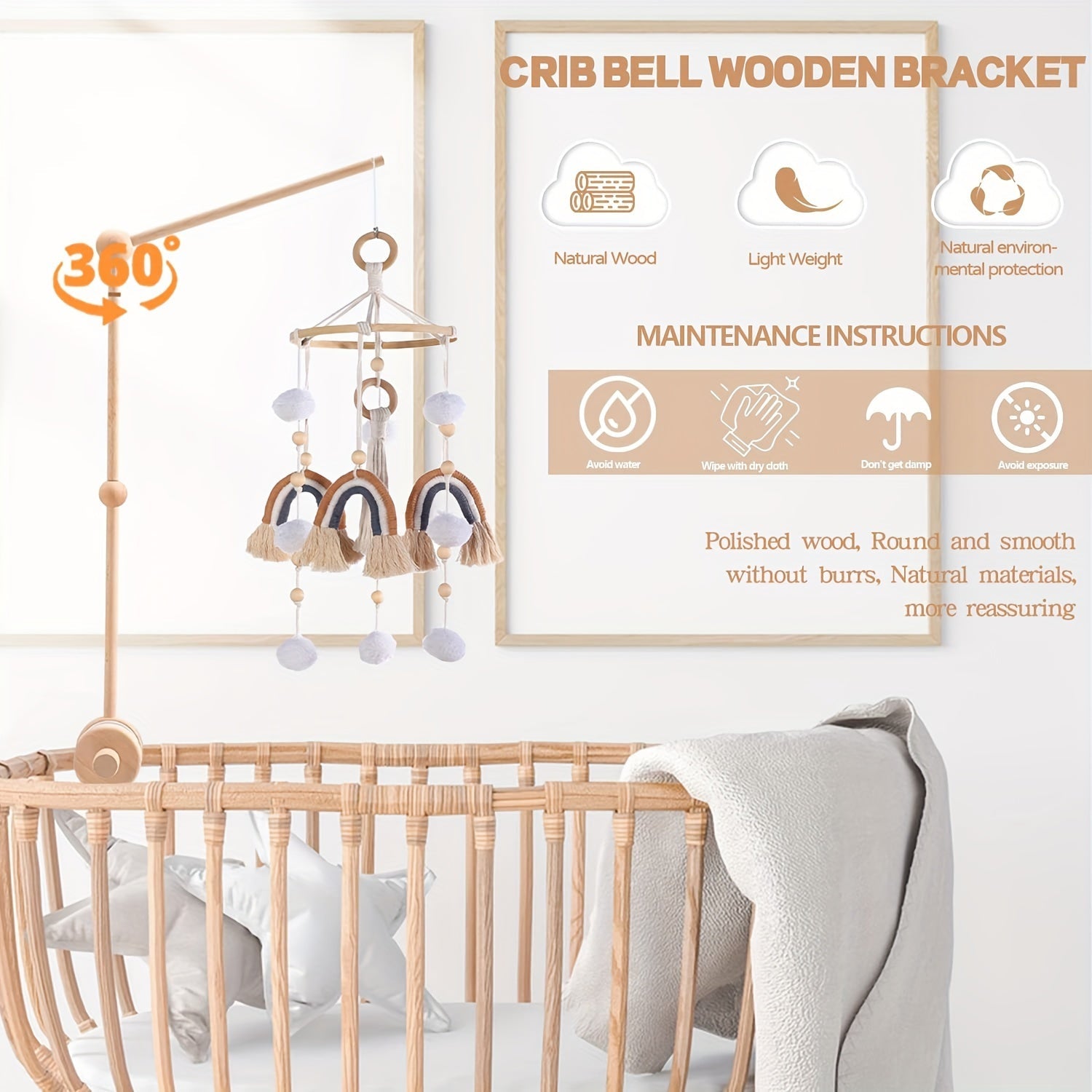 Soporte de pared de madera para móvil con colgadores ajustables y fijos para decoración de habitación