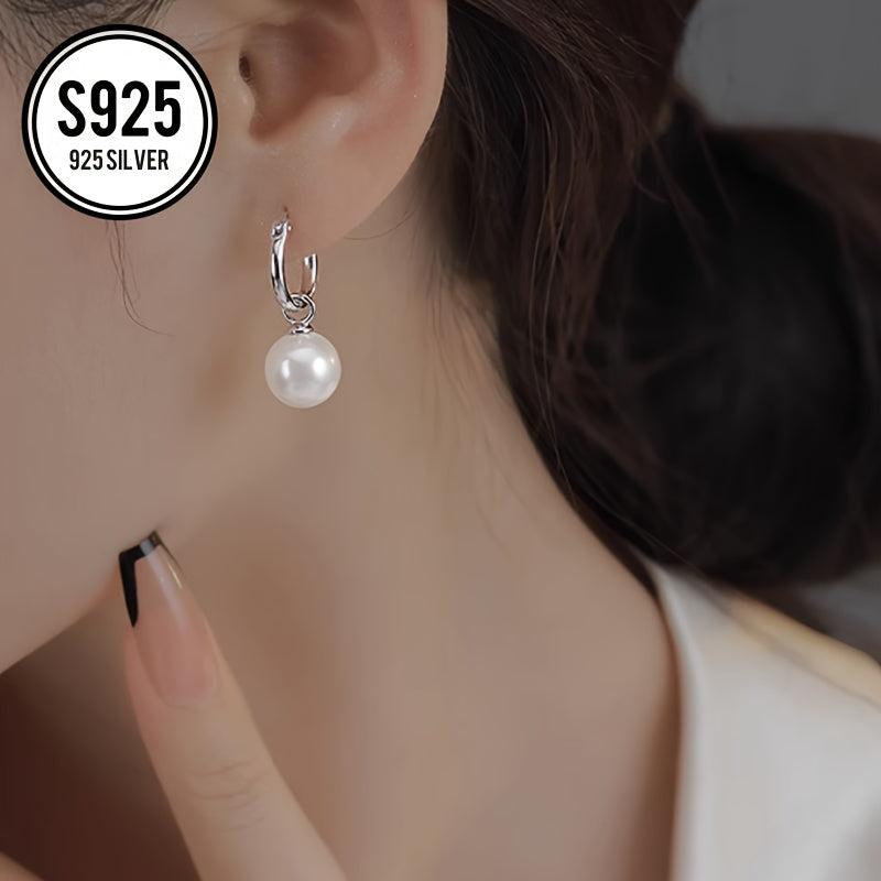 Sterling Silver Pearl Hoop Earrings Hypoallergenic White Gold Plated Oval Shape for Special Occasions