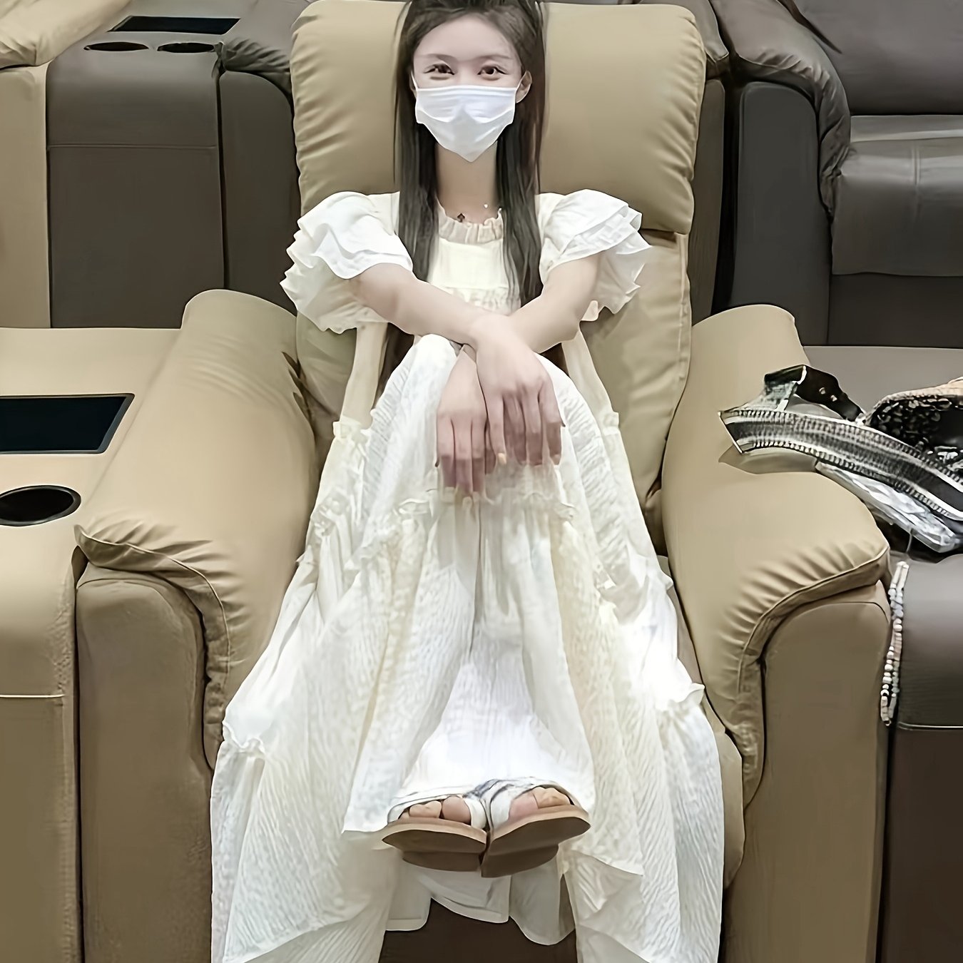 Women's Maxi Dress Summer 2025 French Style Loose Fit Bubble Skirt Flutter Sleeves Polyester