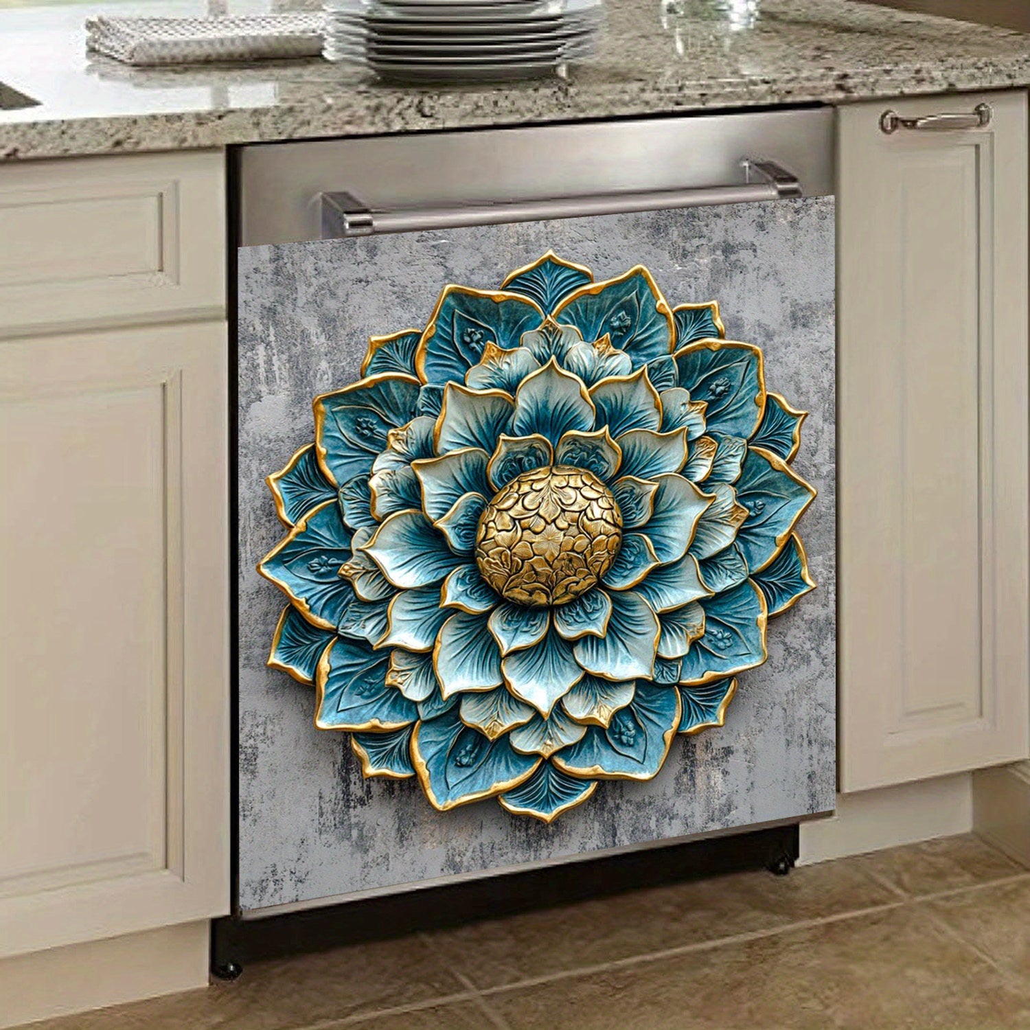 Blue-Green Lotus-Inspired Floral Dishwasher Magnet Cover Waterproof Heat-Resistant PVC 58.5x65cm Kitchen Decor