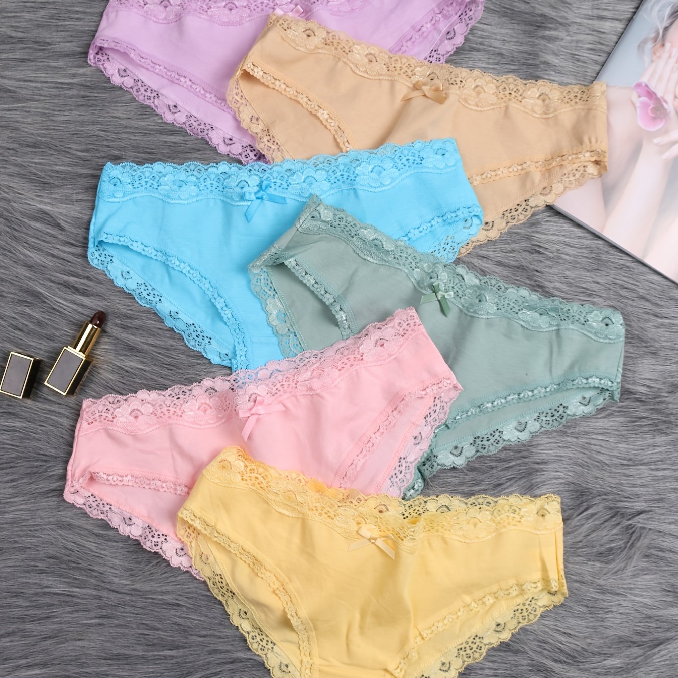 Women's Low-Rise Lace Panties 6-Pack Breathable Bikini Style Cotton Spandex