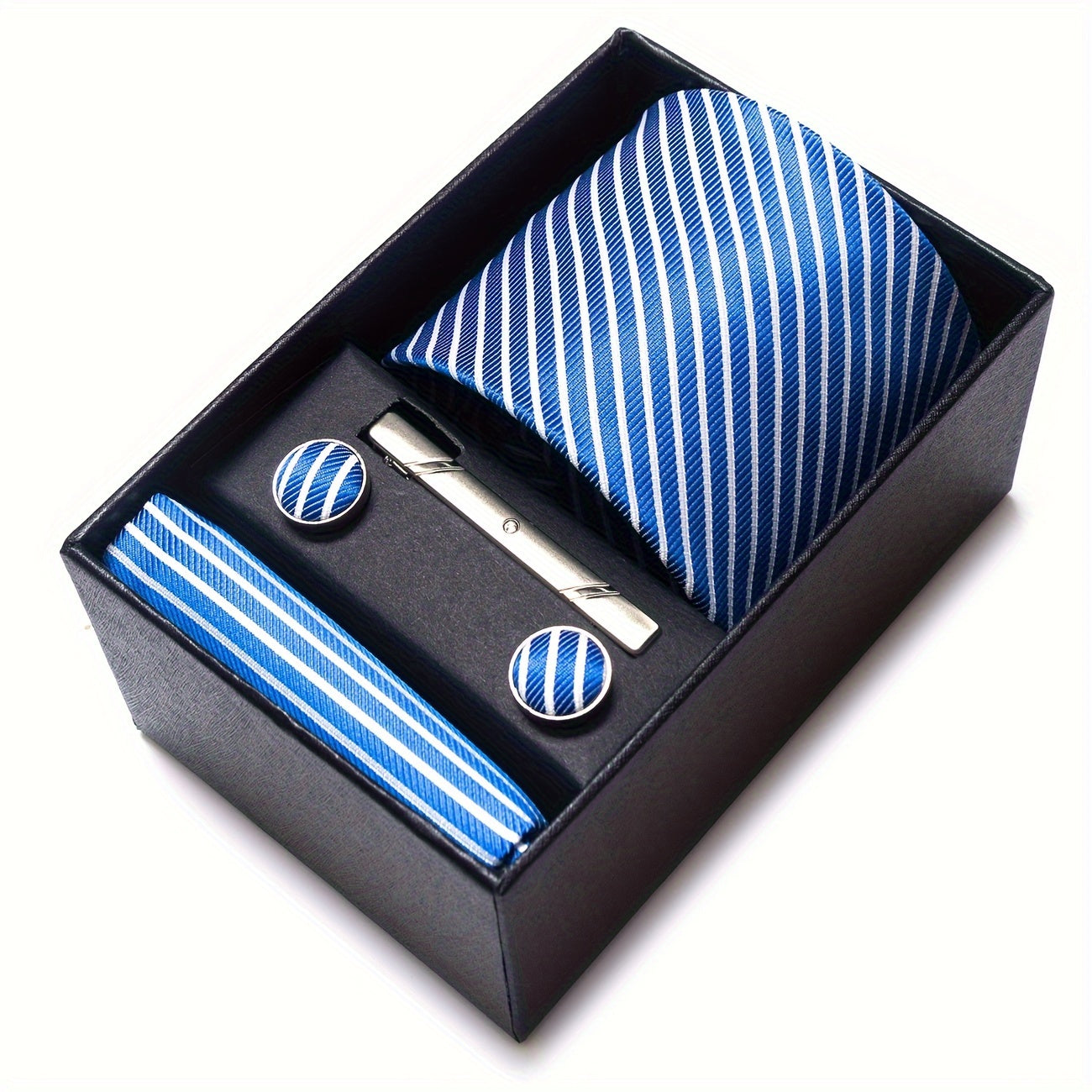 Men's Gift Box Set with Tie, Pocket Square, Cufflinks and Tie Clip for Weddings