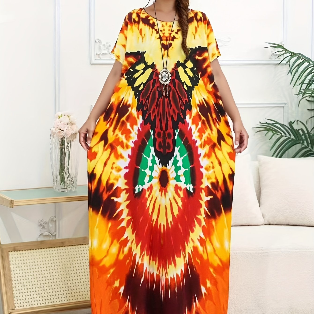 Plus Size Summer Round Neck Print Short Sleeve Dress Casual Beach Cover-Up