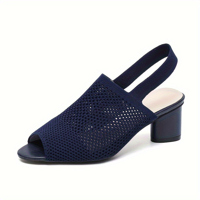 Women's Mesh Peep-Toe Chunky Heel Sandals Slip-On Elastic Ankle Strap Mid Heel