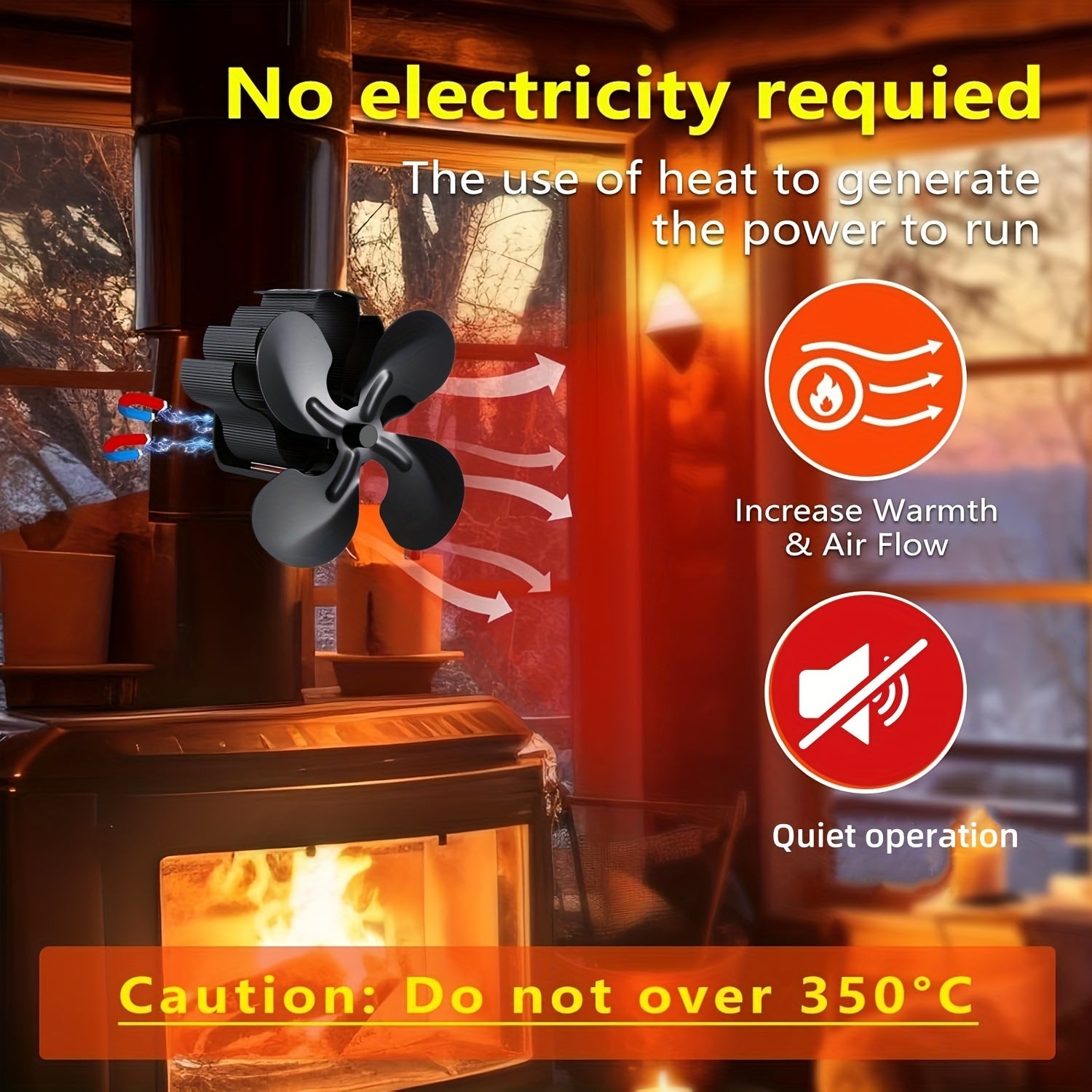 Тихий высокопроизводительный магнитный вентилятор для каминов с 4 лопастями для дровяных печей и каминов