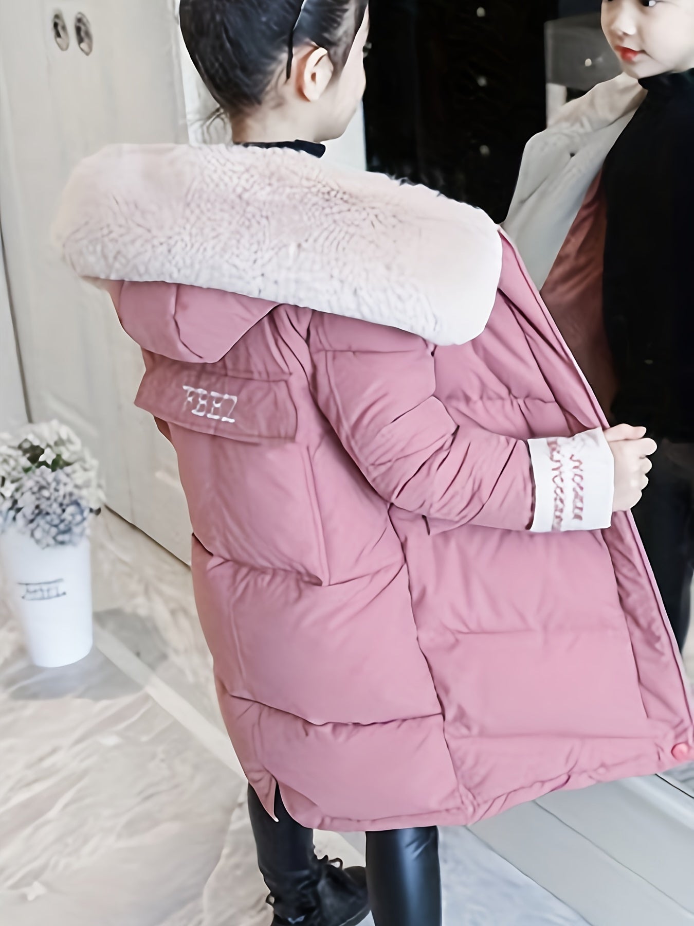 Girls Winter Coat with Faux Fur Hood Polyester Midi Casual Style
