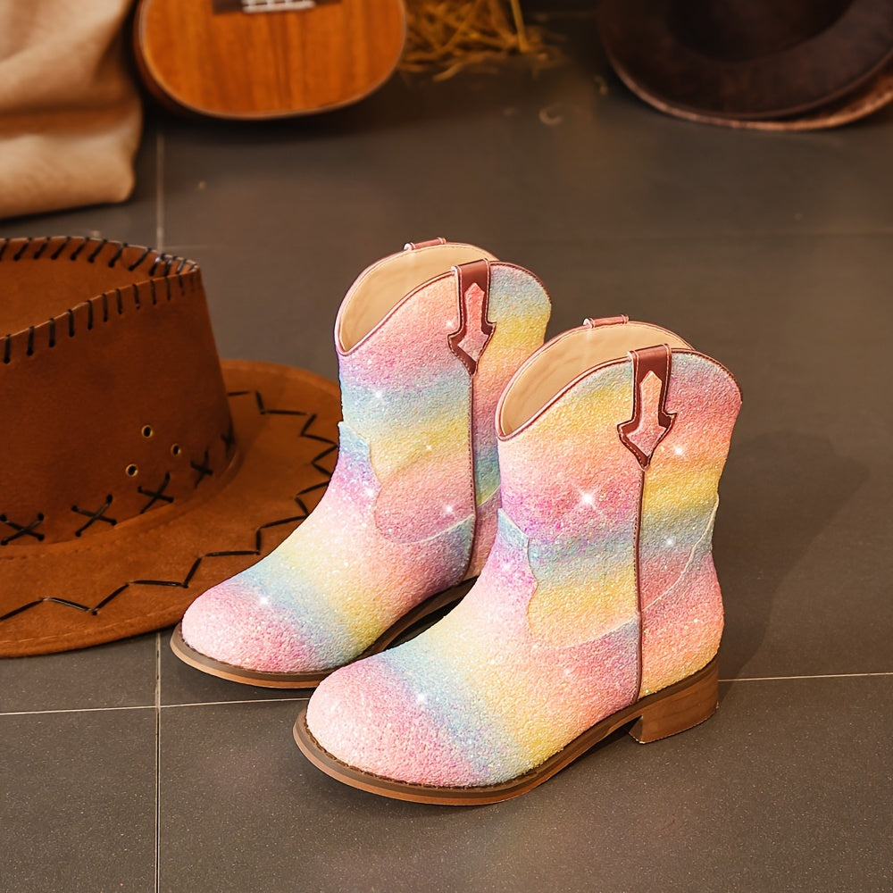 Botas de mezclilla de estilo western con purpurina para niñas, punta cuadrada y suela de goma