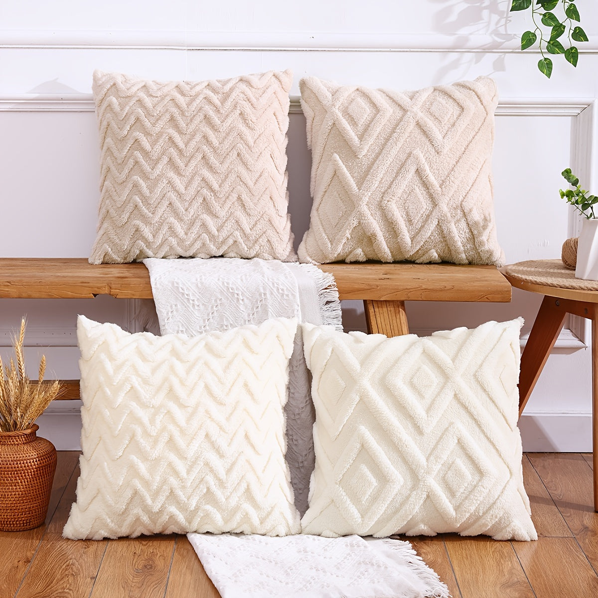 Pair of Beige Geometric Pattern Throw Pillow Covers 100% Polyester Zipper Closure
