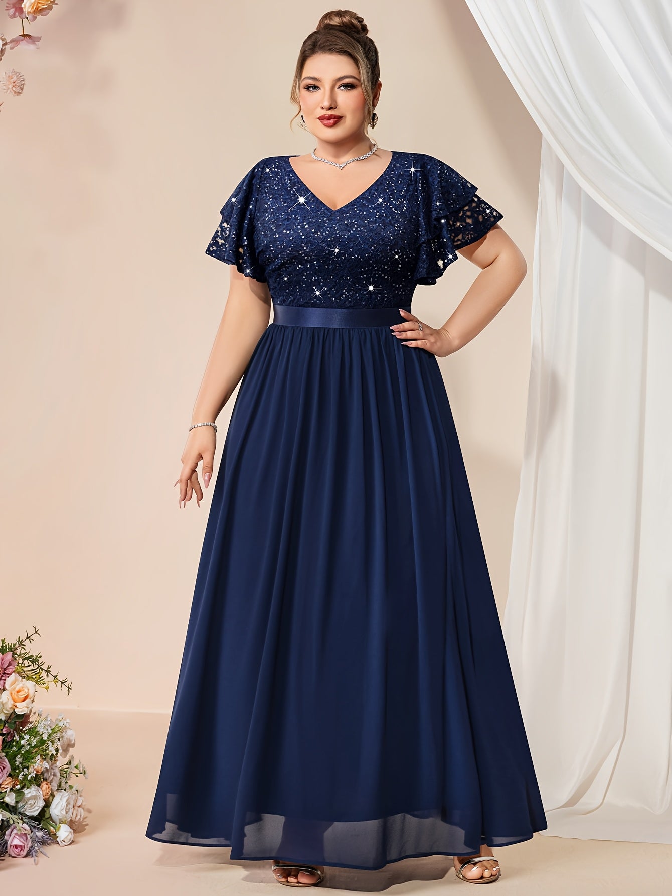 Women Maxi Dress Lace Beaded V-Neck Chiffon Party Summer Plus Size