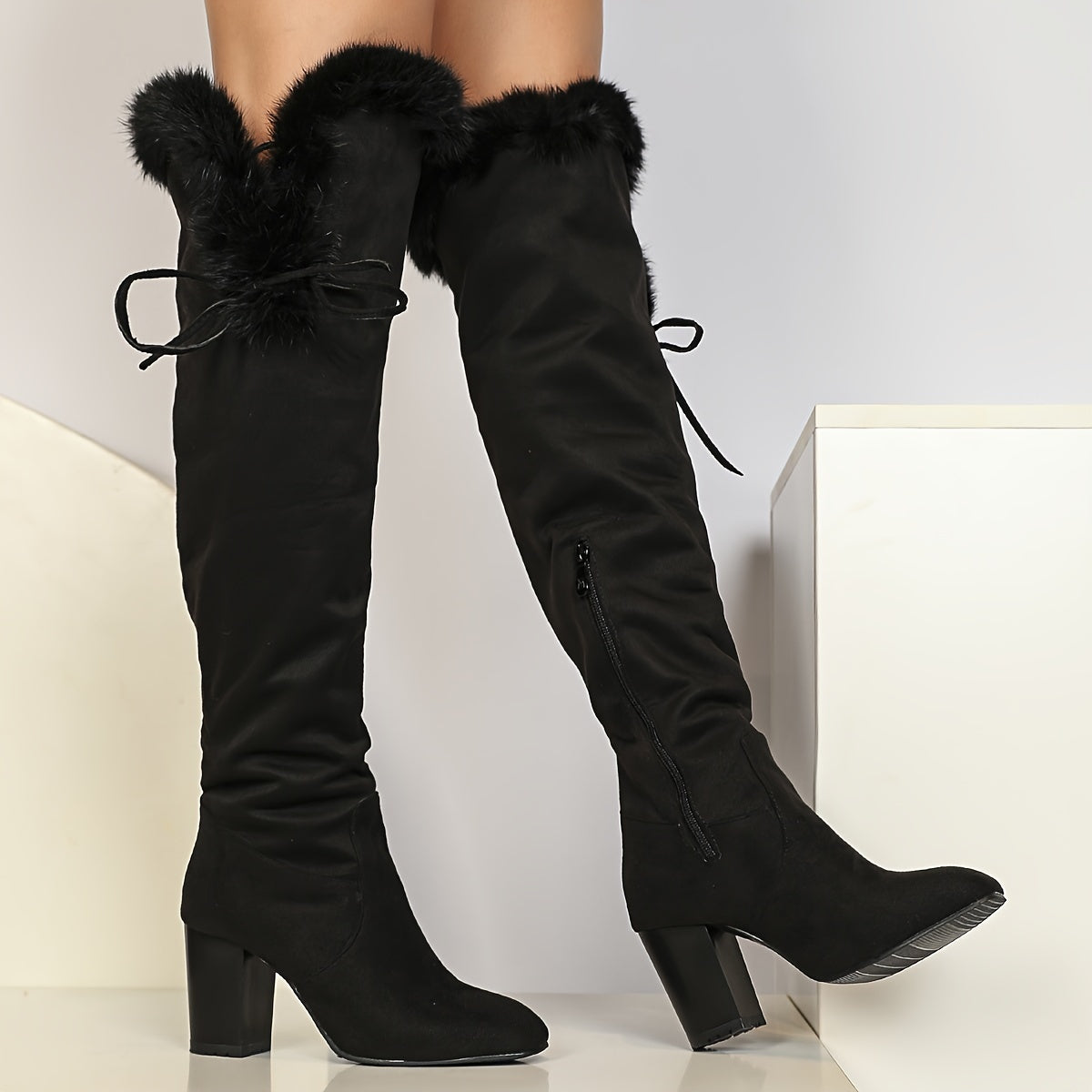 Women's Winter Knee-High Boots with Fleece Lining, Block Heel, Zipper