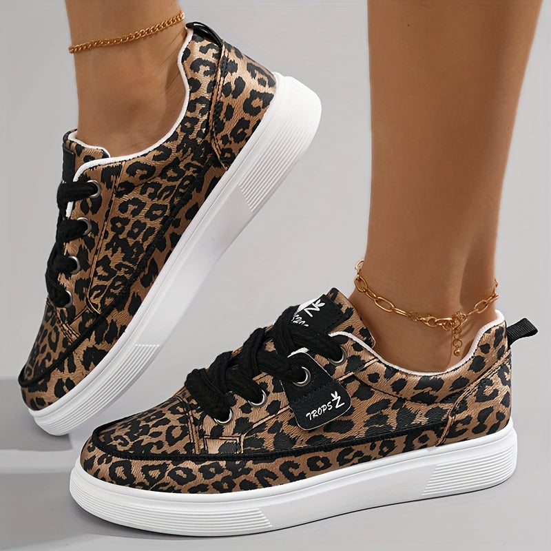 Zapatillas casuales de mujer con estampado de leopardo, con cordones, para todas las estaciones, de caña baja