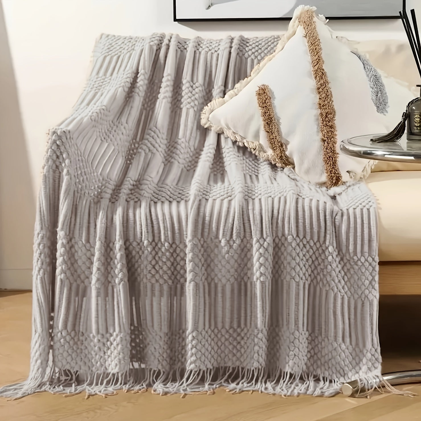 Textured Knit Throw Blanket 127x152cm Soft Solid Couch Sofa Decor