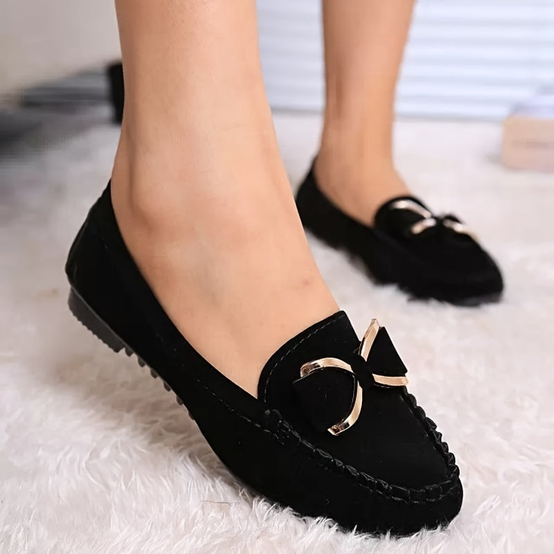 Women's Leather Flat Loafers with Bow Casual Dress Driving Shoes