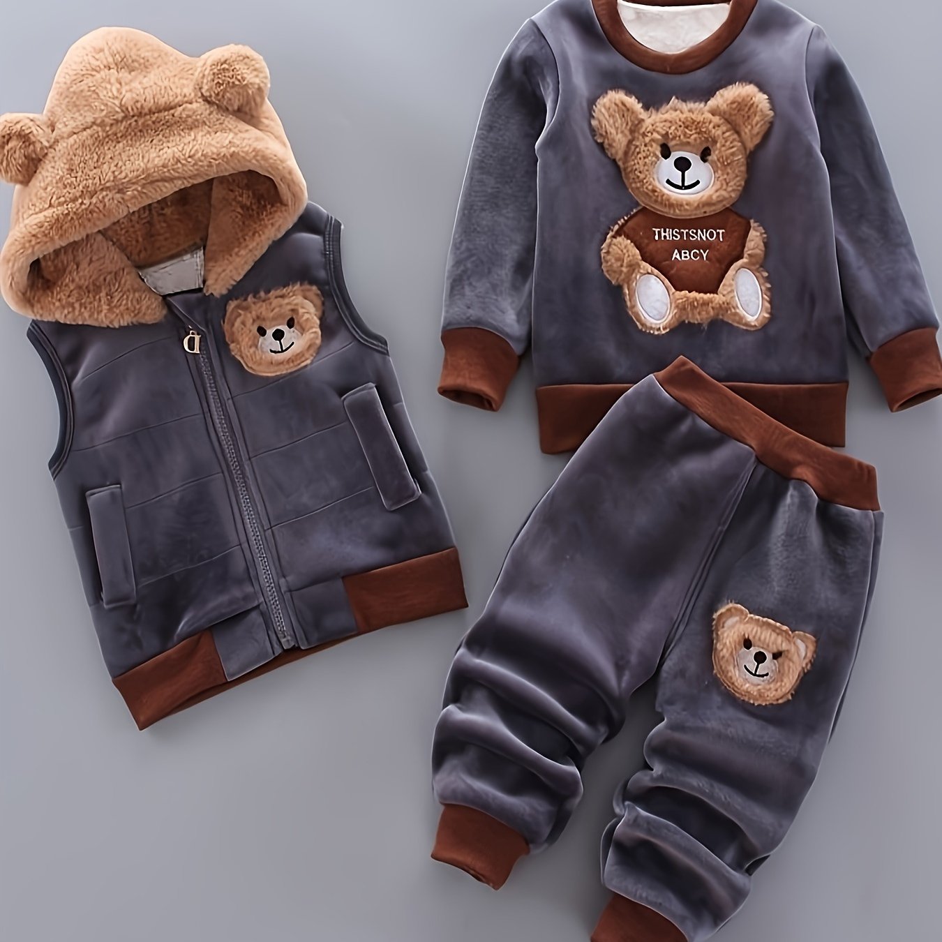 Boys Winter Outdoor Set 3-Piece Fur-Face Bear Pattern Polyester Fall Winter Casual