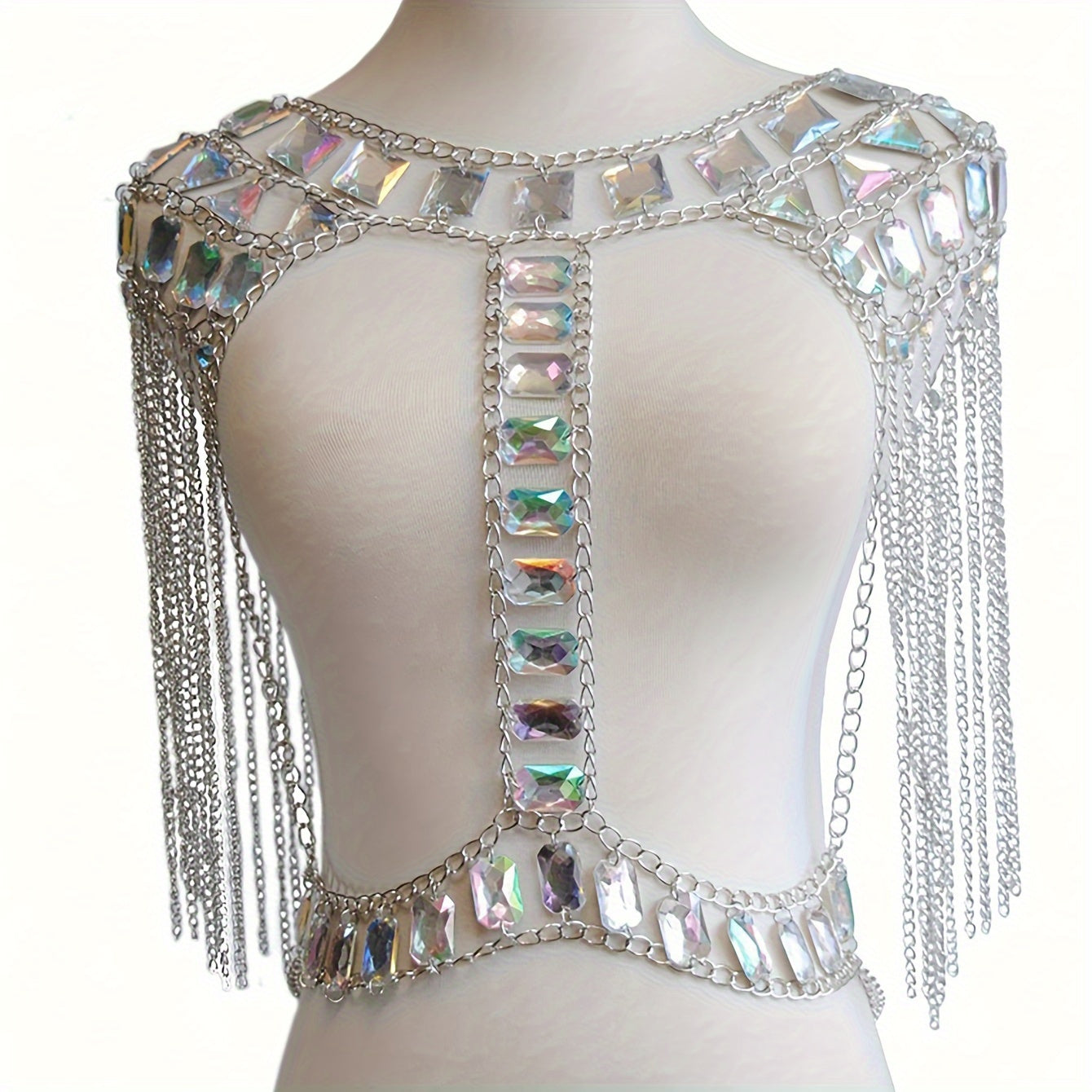 Cadena de hombro con gema acrílica luminosa y detalles de costura de cadena para discotecas