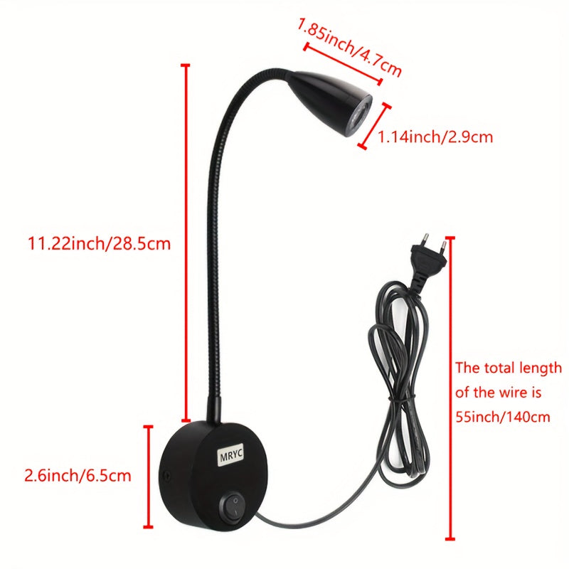 Wall-Mounted LED Reading Light with Flexible Goose Neck and Switch for Bedroom Office Studio