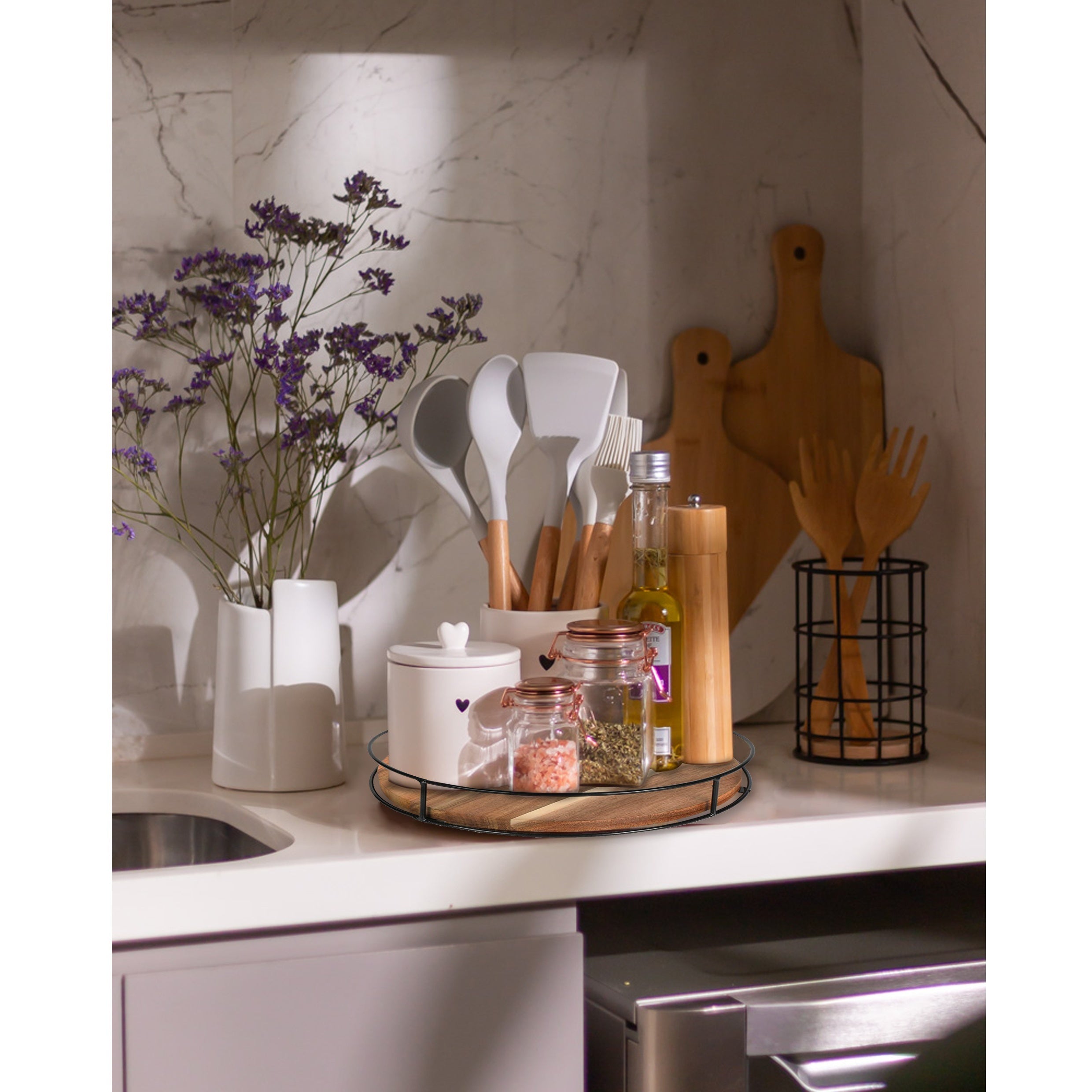 Wooden Makeup Organizer with Steel Handrails Rotating 360° Desktop Storage