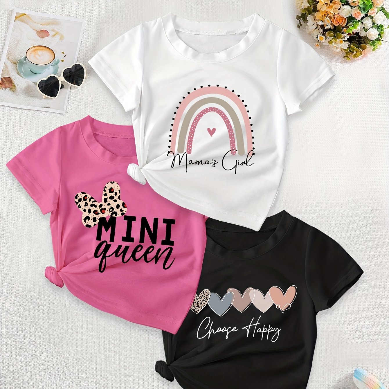 Girls' Polyester T-Shirt Set of 3 Casual Love and Letter Print for Valentine's Day and Ramadan