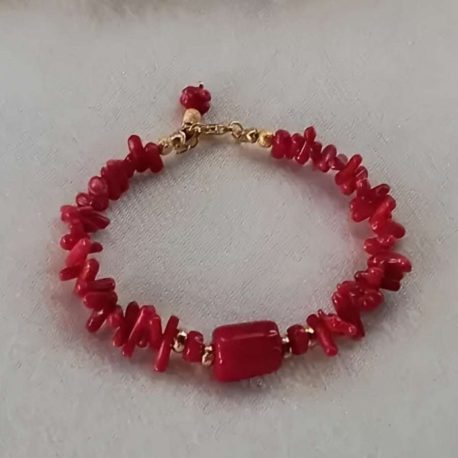 Women's Red Coral Boho Bracelet with December Birthstone and Toggle Clasp