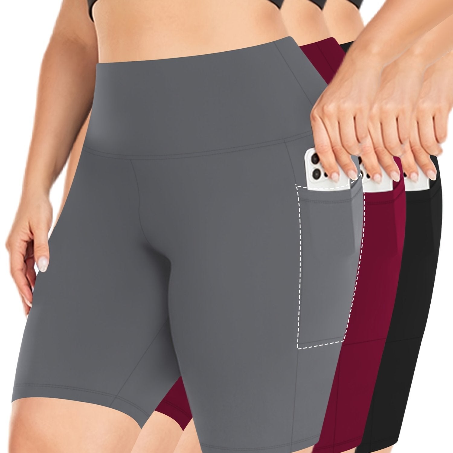 Plus Size High-Waist Stretch Shorts with Pockets Polyester Blend 3-Pack