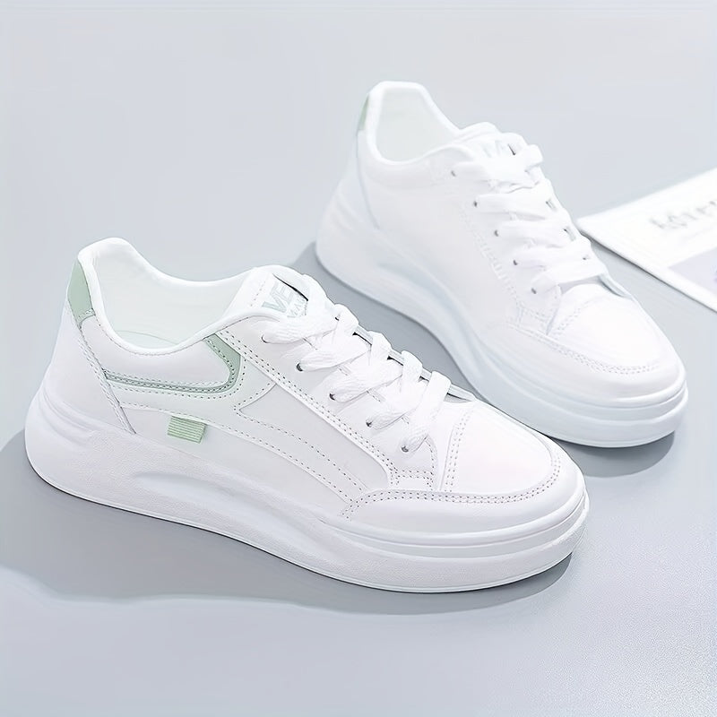 White Lightweight Breathable Sneakers for Women with Green Accents