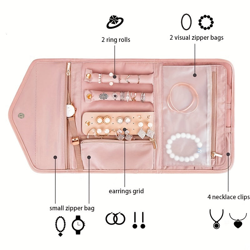 Travel Jewelry Organizer Foldable Roll for Rings Necklaces Earrings Bracelets Watches