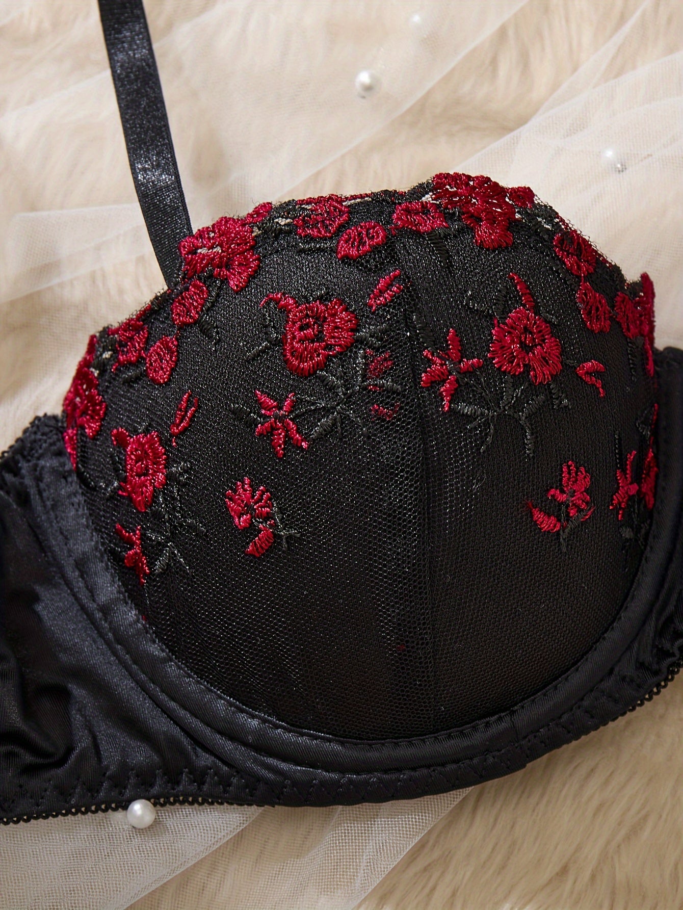 Women's Black Flower Embroidery Lingerie Set with Push-Up Bra and Low-Waist Panties