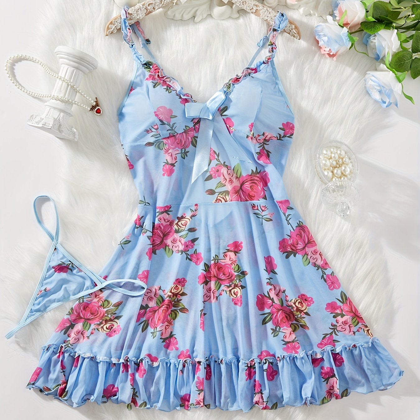 Women's Floral Print Babydoll Dress with Thong Lingerie Set