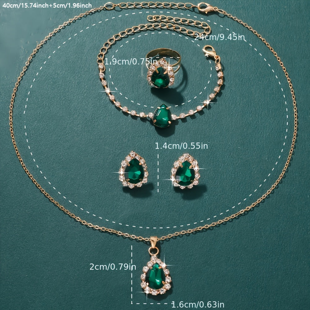 Green Rhinestone Jewelry Set for Women 5-Piece Elegant Necklace Earrings Ring Studs