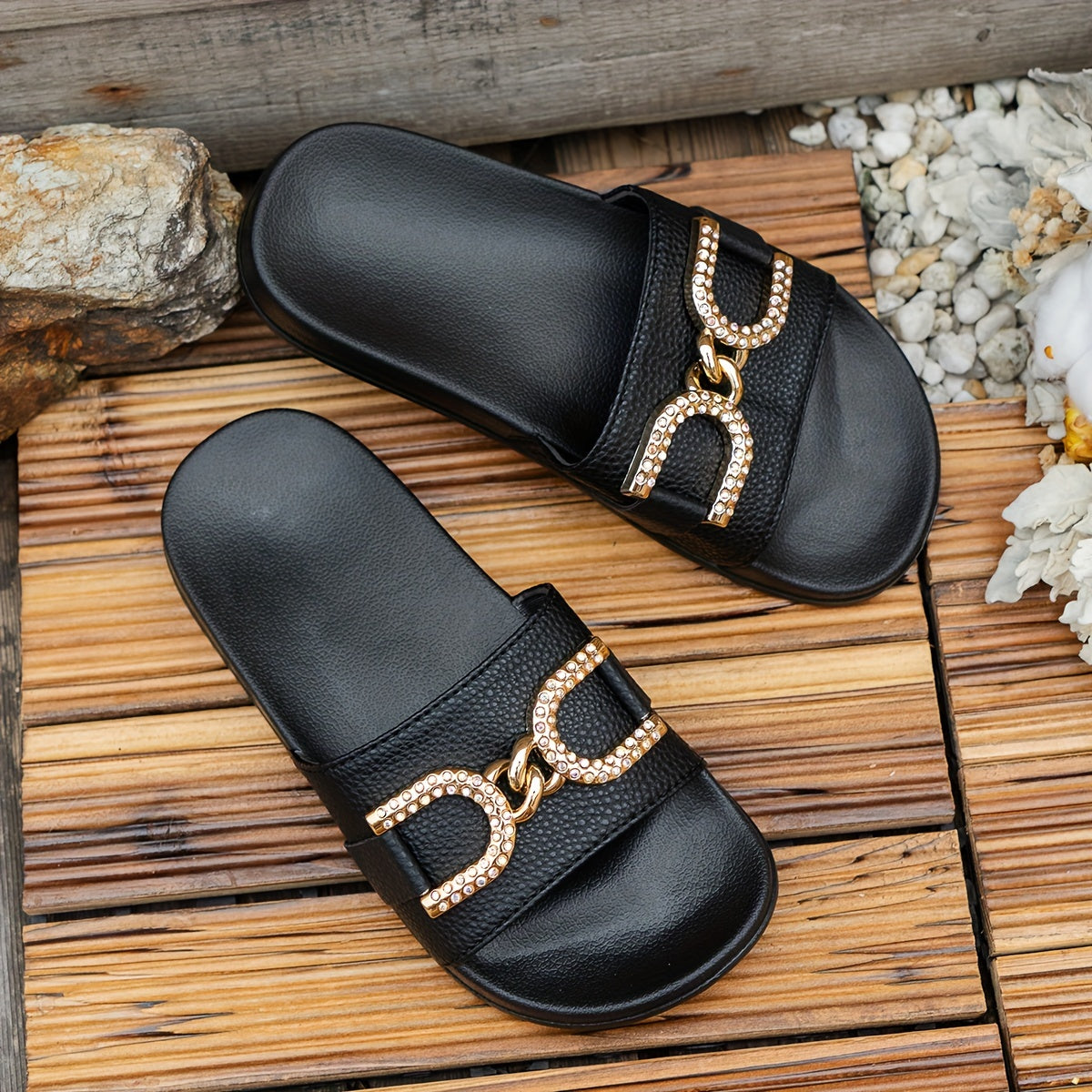 Women's Black Strappy Slide Sandals with Gold Buckle Low Heel