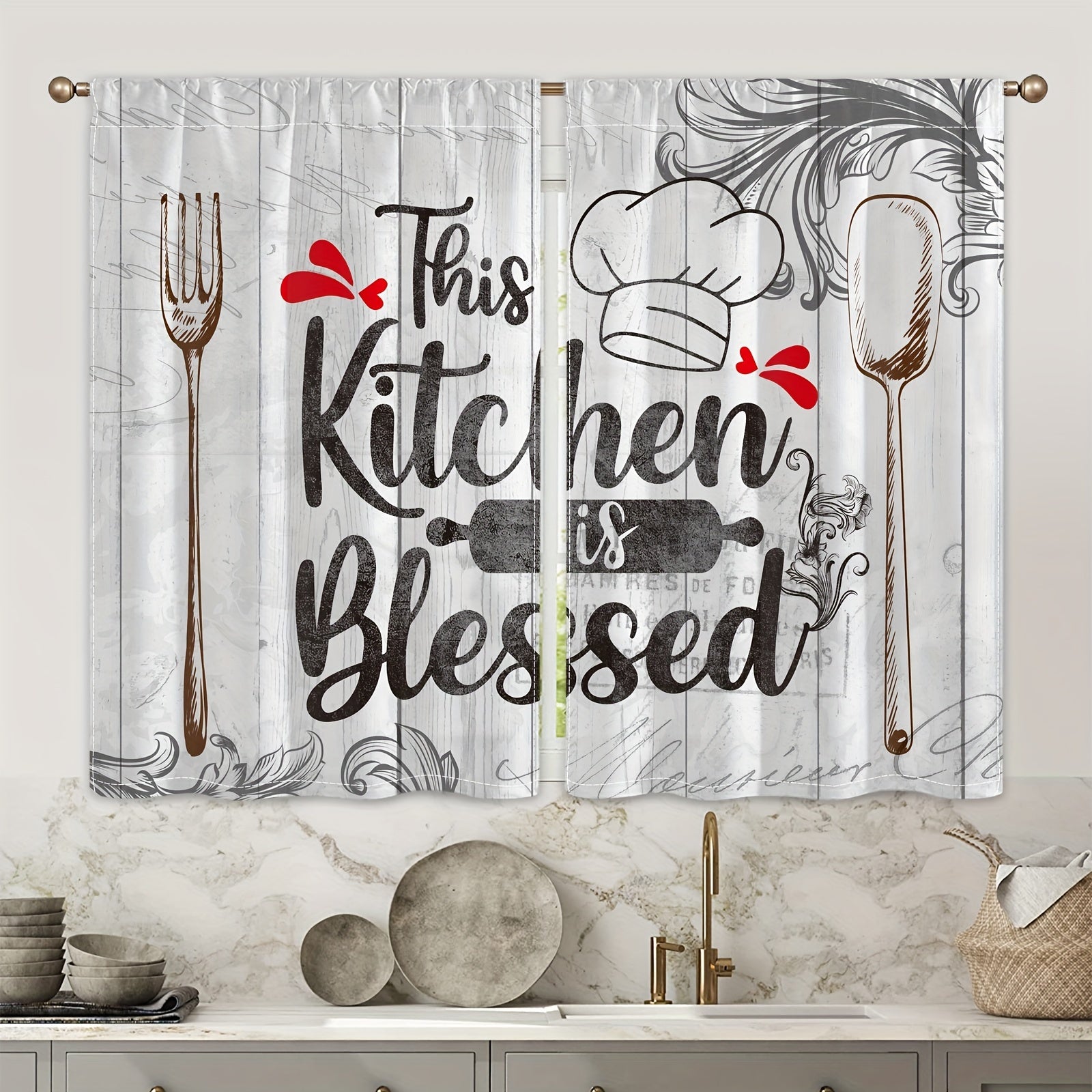Vintage Kitchen Blessing Words Half Blackout Curtains Set of 2 for Home Decor